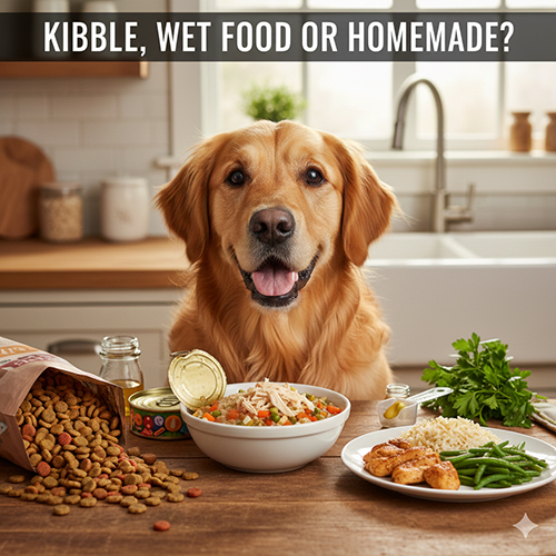 Chó Golden Retriever ngồi trước ba lựa chọn thức ăn gồm hạt khô pate và đồ tươi tự nấu