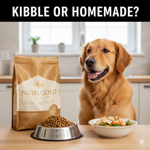 Chó Golden ngồi trước hai lựa chọn gồm hạt khô và đồ tự nấu trong bát