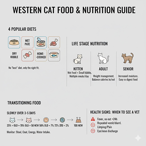 Các loại thức ăn cho mèo Tây gồm hạt khô pate ướt raw và home cooked