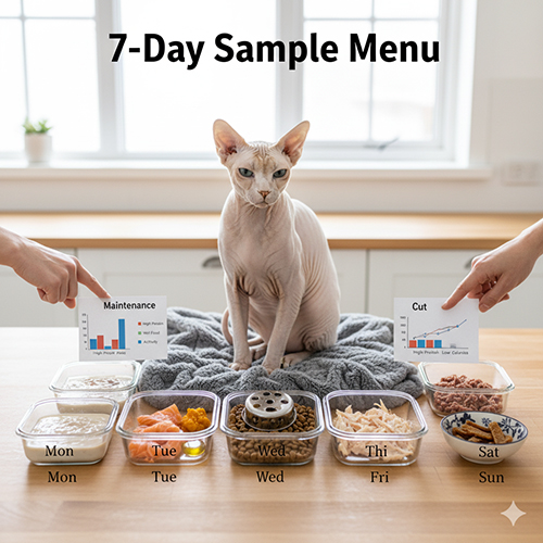 Mèo Sphynx ngồi trước thực đơn 7 ngày gồm các hộp thức ăn theo hai chế độ: duy trì và cắt mỡ giữ cơ.