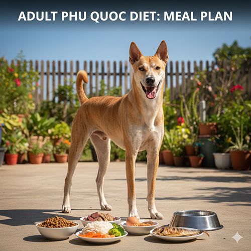 Chó Phú Quốc trưởng thành đứng cạnh các phần ăn gồm hạt, cơm, thịt, trứng và cá – minh họa thực đơn hằng ngày.