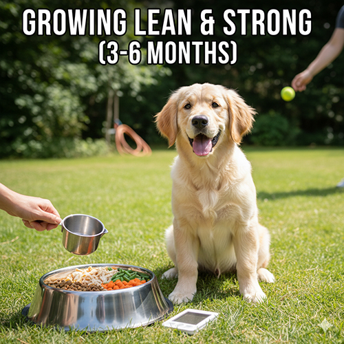 Chó Golden 3–6 tháng tuổi ngồi ngoài trời trước bát thức ăn gồm hạt và rau củ, đang được đong khẩu phần