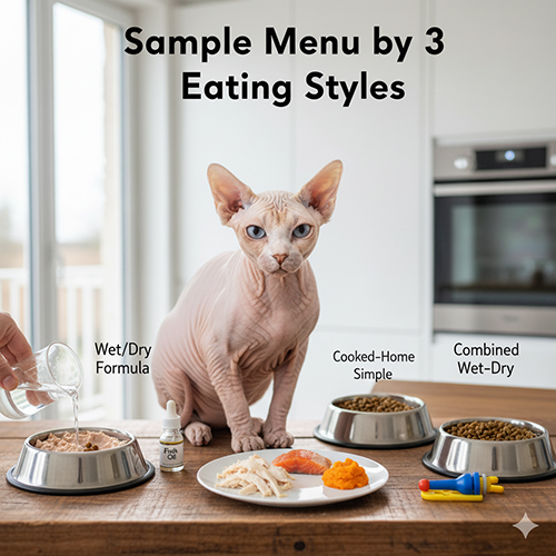 Mèo Sphynx ngồi trước ba kiểu thực đơn: ướt/khô công thức, đồ nấu chín tại nhà và khẩu phần kết hợp.