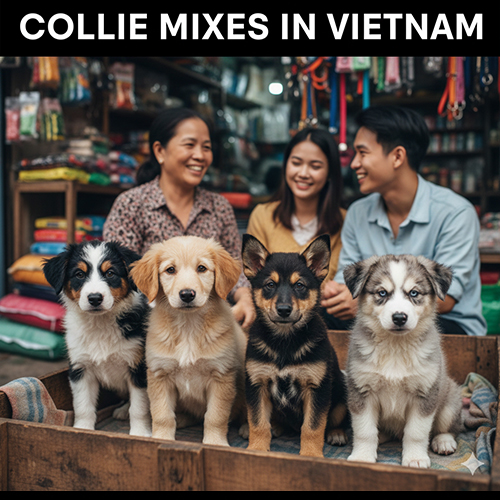 Ảnh năm chú chó Border Collie lai tại Việt Nam ngồi trên thùng gỗ, phía sau là những người bán hàng trò chuyện, thể hiện bối cảnh thực tế của Collie lai trong nước.