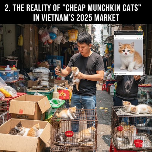 Chợ thú cưng lề đường với nhiều mèo con trong lồng, người bán đang quay video; bên cạnh là ảnh quảng cáo mèo Munchkin xinh xắn trên điện thoại, đối lập giữa thực tế và tin rao “giá rẻ”.