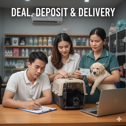 Gia đình trẻ làm thủ tục nhận chó Labrador con: ký giấy, kiểm tra lồng vận chuyển và xem sổ tiêm với nhân viên