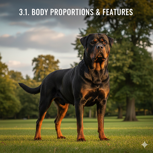 Tỉ lệ cơ thể và đặc điểm hình thái của chó Rottweiler trưởng thành