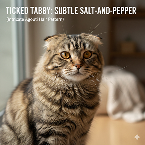 Mèo Scottish Fold ticked tabby lông muối tiêu mềm mượt ngồi trong phòng sáng tự nhiên.