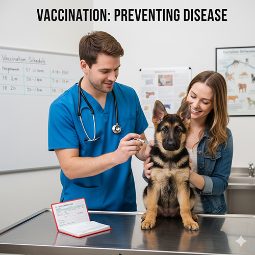 Chó Becgie con được bác sĩ thú y tiêm phòng tại phòng khám thú y