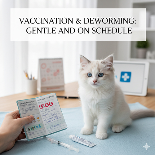 Mèo Ragdoll con ngồi trên bàn khám cùng sổ tiêm và ống vắc-xin, minh họa hướng dẫn tiêm phòng và tẩy ký sinh