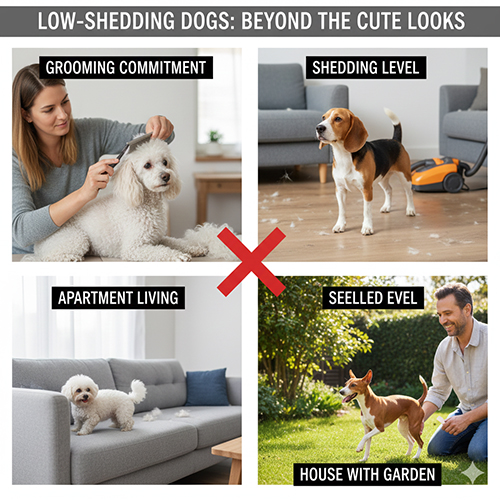 Infographic tiêu chí chọn chó ít rụng lông: cam kết grooming, mức độ rụng lông, sống chung cư hay nhà có sân vườn