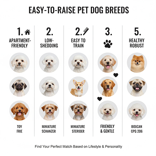Infographic các tiêu chí chọn giống chó cảnh dễ nuôi cho người mới và gia đình có trẻ nhỏ