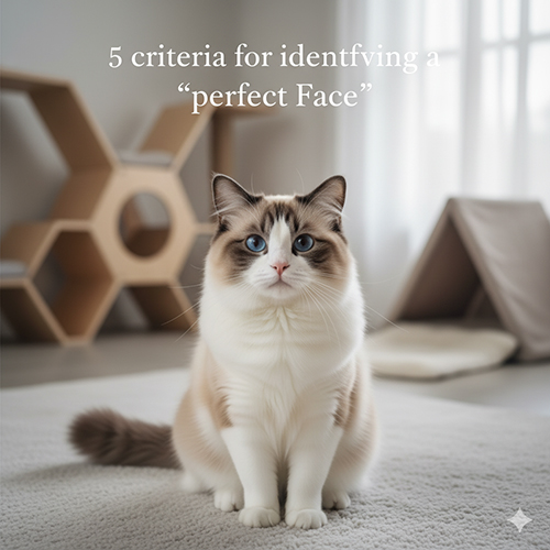 Mèo Ragdoll bicolor mặt tròn với chữ V ngược rõ, ngồi trong phòng sáng – minh họa tiêu chí nhận diện “mặt tim”