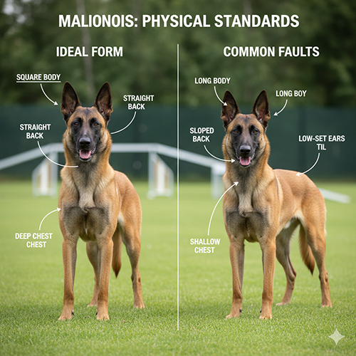 So sánh Malinois thuần chủng và các lỗi ngoại hình thường gặp để minh họa tiêu chuẩn Becgie Bỉ