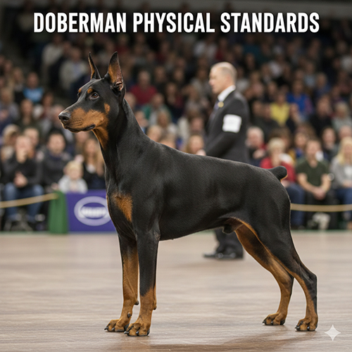 Chó Doberman thuần chủng đứng chuẩn dáng trong sân thi đấu, thể hiện rõ tiêu chuẩn ngoại hình giống