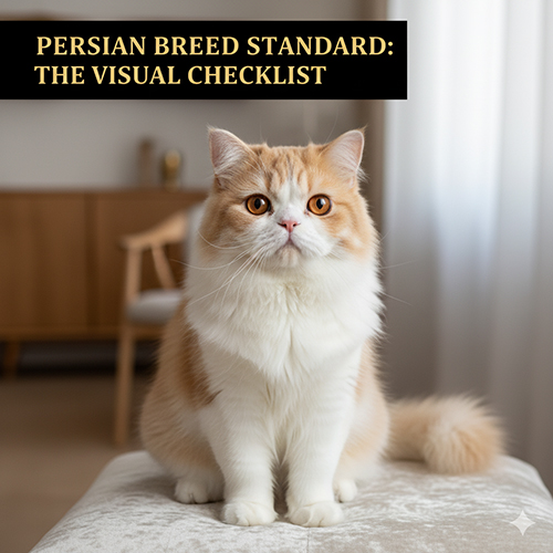 Mèo Ba Tư thuần chủng ngồi trên ghế, ngoại hình đúng chuẩn theo các tiêu chí đầu–mặt–mũi, thân–xương–coat.