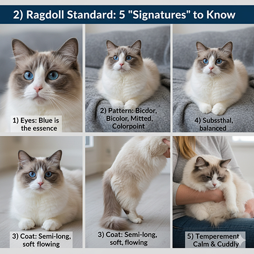 Bộ ảnh minh họa 5 dấu hiệu nhận diện chuẩn của mèo Ragdoll: mắt xanh, pattern đặc trưng, lông bán dài mềm, form đầm và khí chất hiền.