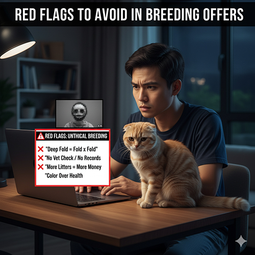 Chàng trai ngồi trước laptop cùng mèo Scottish Fold, nhìn cảnh báo “Red Flags: Unethical Breeding” hiển thị trên màn hình, minh họa các dấu hiệu cần tránh khi được rủ phối giống