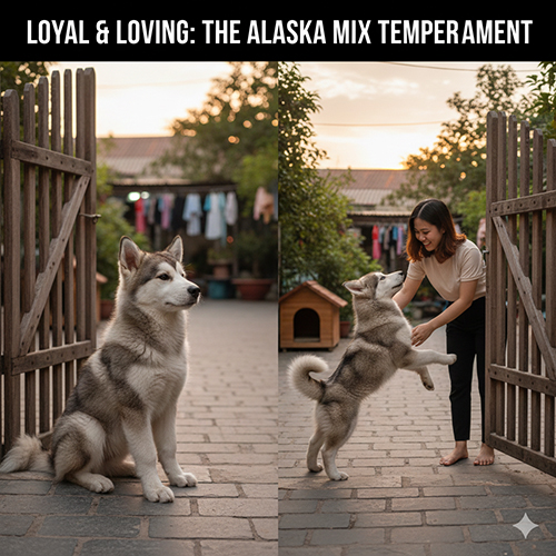 Chó Alaska lai chó ta quấn chủ, đứng canh cổng và chơi đùa cùng người trong sân nhà Việt