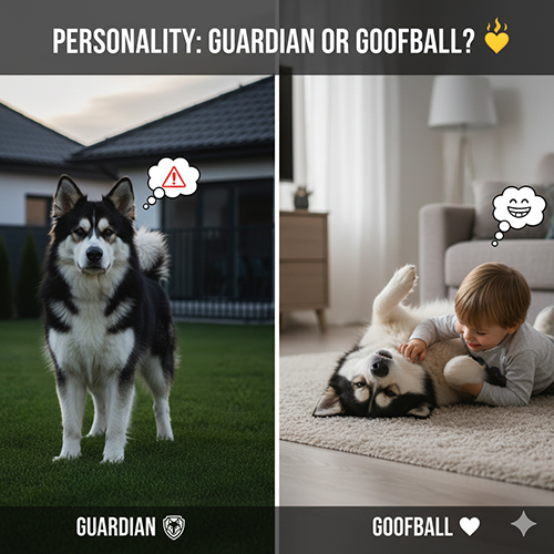 Chó Becgie lai Alaska thể hiện hai trạng thái: cảnh giác ngoài sân và thân thiện chơi với trẻ nhỏ trong nhà