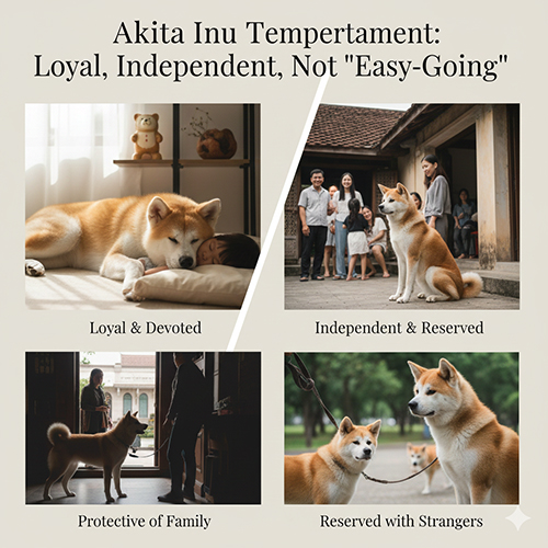 Infographic tính cách chó Akita Inu với 4 khung ảnh thể hiện sự trung thành, độc lập, bảo vệ gia đình và dè chừng người lạ 🐕