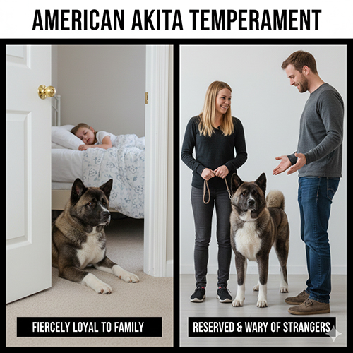 Akita Mỹ trung thành với gia đình nhưng dè chừng người lạ, thể hiện rõ hai mặt tính cách đặc trưng