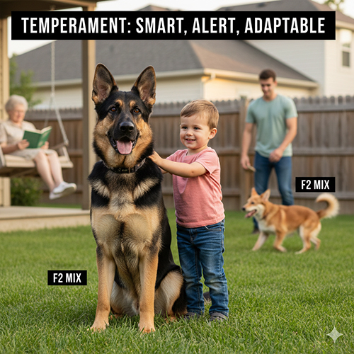 Ảnh chó Becgie và chó Becgie lai F2 chơi cùng trẻ nhỏ trong sân, thể hiện sự thân thiện và cảnh giác.