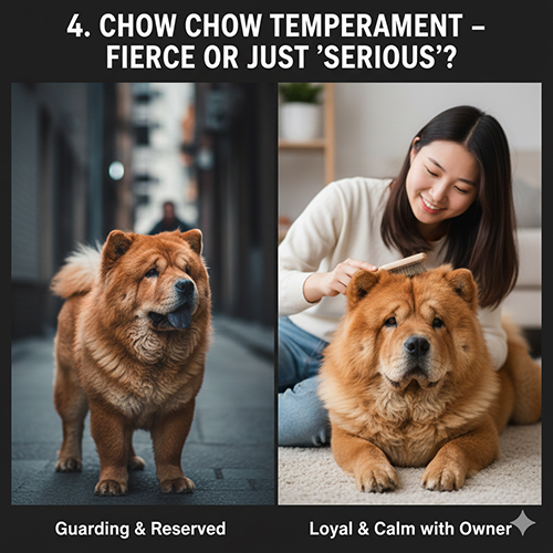 Hai chú Chow Chow: một bé đứng cảnh giác ngoài phố và một bé đang nằm thư giãn được chủ chải lông, thể hiện hai mặt tính cách đối lập