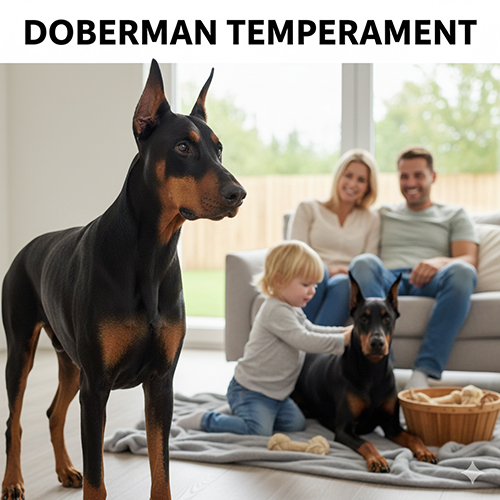 Doberman thuần chủng trong nhà đang tương tác dịu dàng với trẻ nhỏ, thể hiện tính cách cân bằng và trung thành