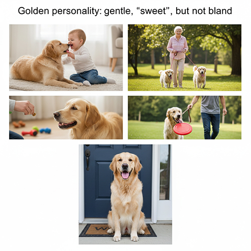 Bộ ảnh minh họa tính cách chó Golden Retriever hiền, ngọt ngào, chơi với em bé, dắt người già đi dạo và vui đùa ngoài trời 🐶💛