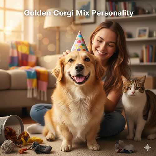 Chó Golden lai Corgi đội mũ sinh nhật ngồi cạnh mèo trong phòng khách, minh họa tính cách “hề nhưng tình cảm” của golden corgi mix