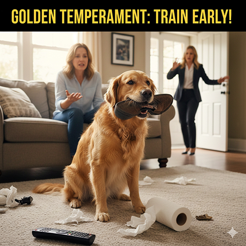 Chó Golden Retriever ngậm dép, làm bừa bộn phòng khách trong khi hai người phụ nữ hoảng hốt, minh họa hậu quả khi không huấn luyện sớm.