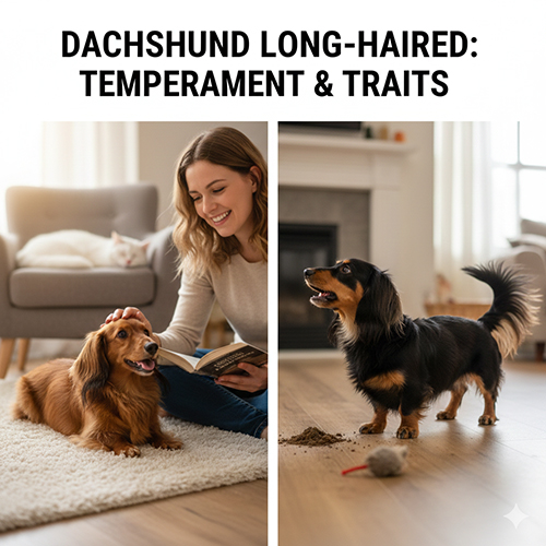 Hai chú Dachshund lông dài đang tương tác với chủ và chơi đùa trong nhà