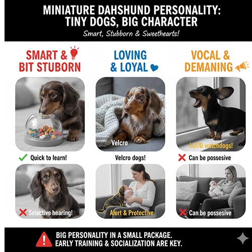 Infographic tính cách chó Lạp xưởng mini, chân ngắn nhưng thông minh, bướng bỉnh, tình cảm và hay sủa đòi hỏi