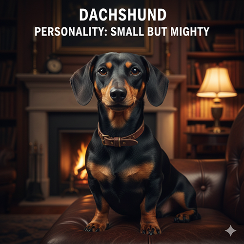 Chó Lạp Xưởng ngồi trên ghế da trong phòng ấm áp, thể hiện tính cách mạnh mẽ dù kích thước nhỏ