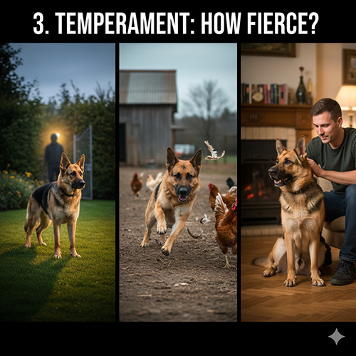 Ba khung hình mô tả chó Phú Quốc lai Becgie trong tình huống canh gác, đuổi theo gia cầm và sinh hoạt cùng chủ