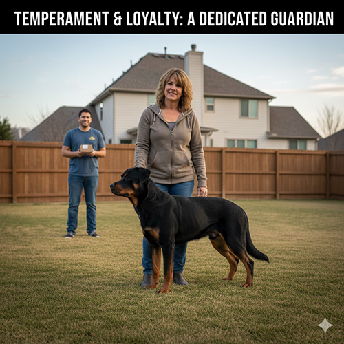 Chó Rottweiler lai Becgie đứng cạnh chủ trong sân nhà, thể hiện sự trung thành và cảnh giác.