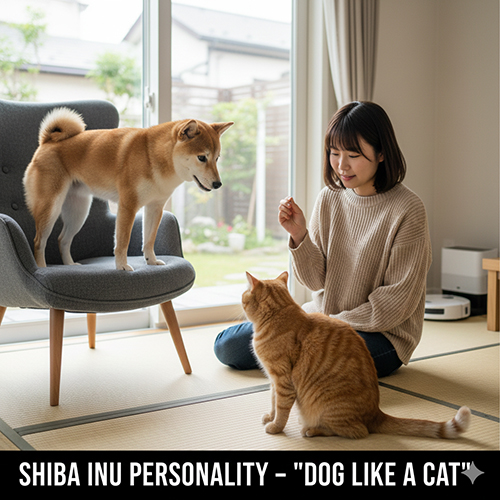Cô gái Nhật đang thưởng bánh cho mèo trong khi chó Shiba Inu đứng trên ghế quan sát thể hiện tính cách giống mèo