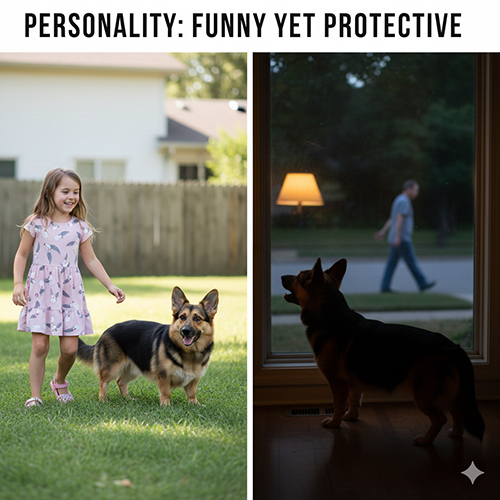 Chó Corgi lai Becgie vui đùa với bé gái ngoài sân và đứng canh trước cửa sổ khi có người lạ đi ngang