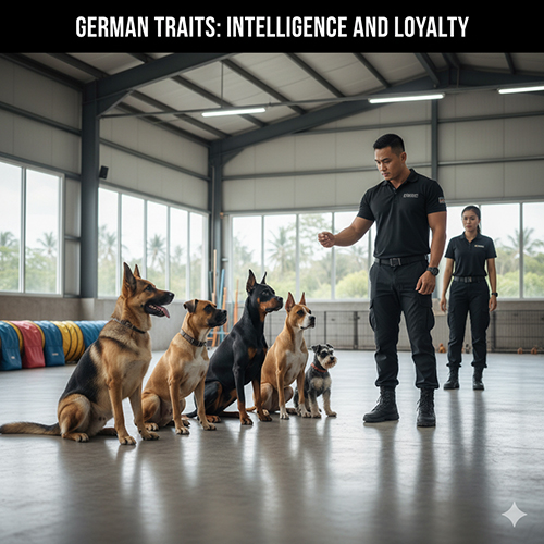 Huấn luyện viên ra lệnh cho bốn giống chó Đức gồm Becgie, Rottweiler, Doberman và Schnauzer trong khu huấn luyện trong nhà.