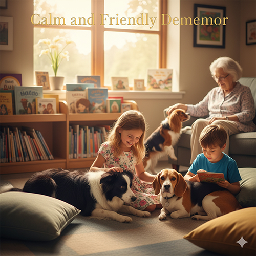 Trẻ em đọc sách và chơi cùng chó Border Collie và Beagle trong phòng khách ấm cúng, có bà ngồi phía sau