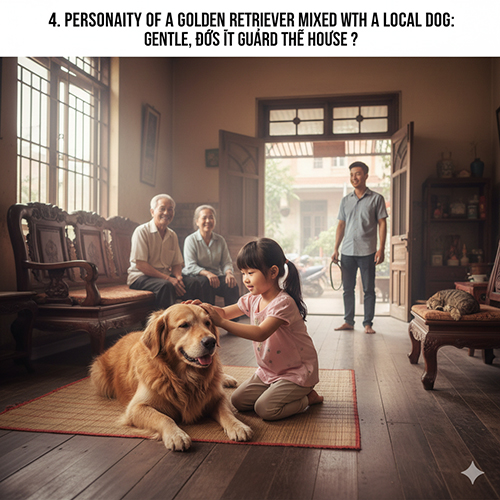 Bé Golden lai chó cỏ nằm ngoan trong nhà bên cạnh bé gái và gia đình