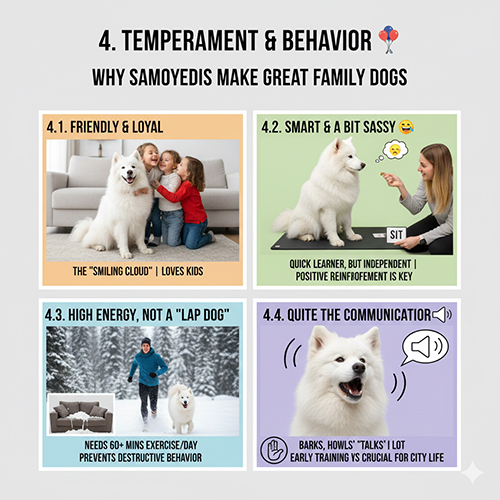 Bốn khung hình mô tả Samoyed thân thiện, thông minh, năng lượng cao và hay giao tiếp