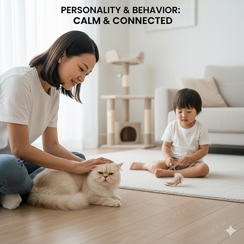 Mèo Ba Tư đang nằm thư giãn bên cạnh người mẹ và trẻ nhỏ trong căn hộ, minh họa tính cách điềm đạm và gắn kết