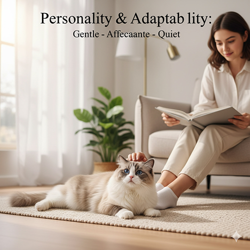 Mèo Ragdoll nằm thư giãn bên cạnh người phụ nữ đang đọc sách, thể hiện tính cách hiền, quấn chủ và ít ồn.