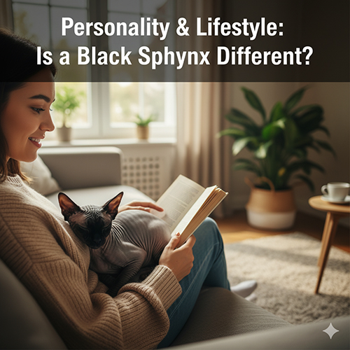 Mèo Sphynx đen nằm cuộn trong lòng một cô gái đang đọc sách trong phòng khách ấm áp