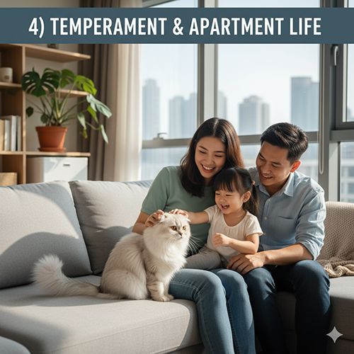 Gia đình trẻ trong căn hộ hiện đại đang chơi với mèo Scottish Fold lai Anh lông dài màu trắng trên ghế sofa, thể hiện tính cách hiền và thân thiện của giống mèo này.