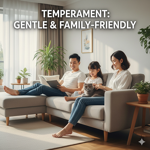 Gia đình ba người thư giãn trên sofa cùng mèo Anh lông ngắn tai cụp hiền lành