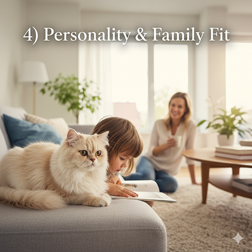 Mèo Ba Tư lông dài nằm trên ghế sofa cạnh em bé đang đọc sách và người mẹ phía sau, tạo cảm giác ấm áp và điềm tĩnh