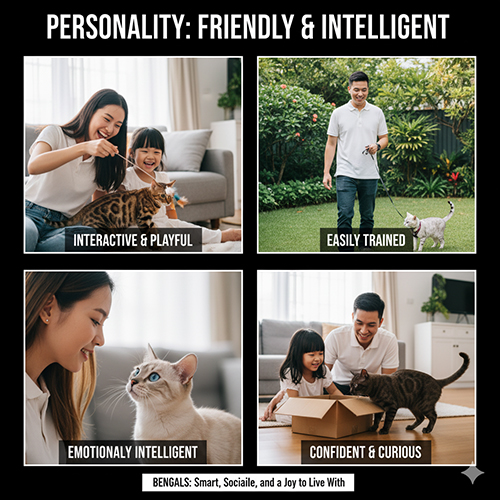 Gia đình vui đùa cùng mèo Bengal – minh họa tính cách thân thiện, thông minh và thích tương tác của giống mèo này